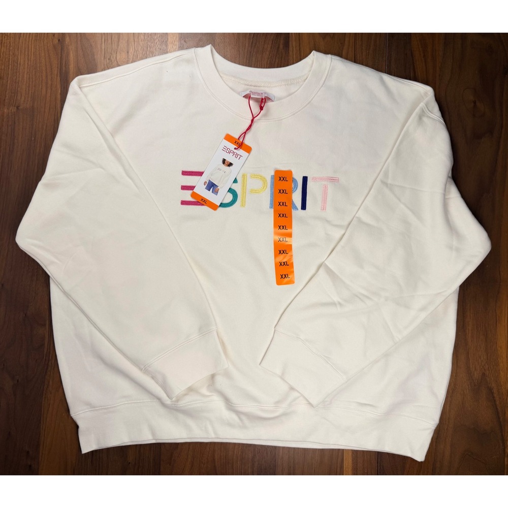 Esprit Womens Cream Fleece XXL Crewneck Sweatshirt Rainbow Logo NWT - Picture 2 of 4
